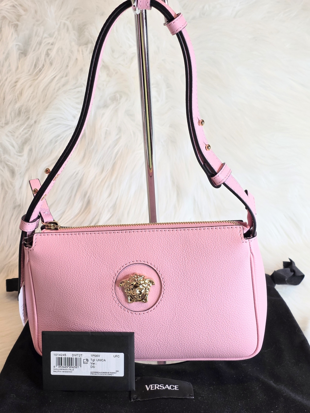 Versace Vitello Pink Leather Shoulder Bag with Gold Medusa Accent Dustbag New